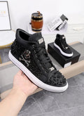 Men's black genuine leather high top skeleton shoes with lacing closure and rubber sole