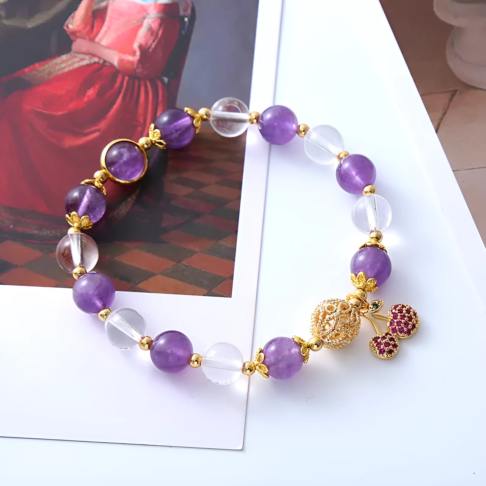 Purple crystal bracelet with micro-inlaid cherry blossom floral pattern, handcrafted women's jewellery