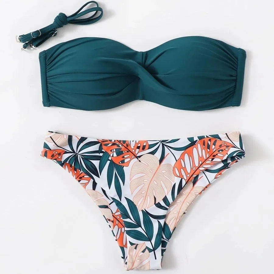 Hard cup push up bikini swimsuit with underwire and matching briefs on a mannequin.