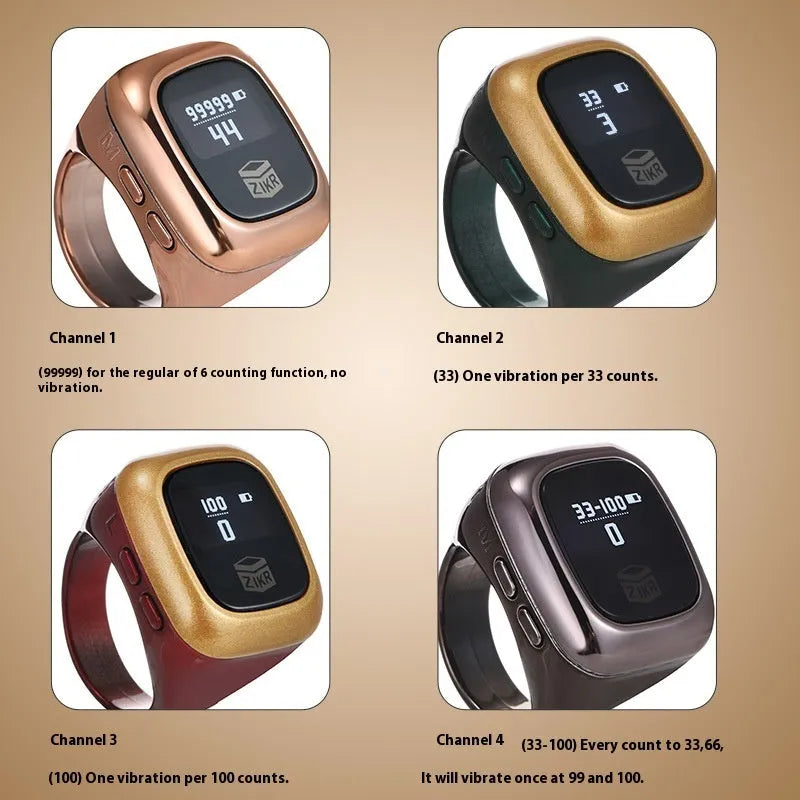 Al-Fatiha electronic zikr counter with digital display on a wrist, shown in various colours.