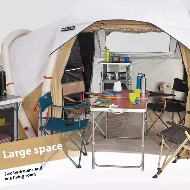 Inflatable 4-person camping tent with rainfly and hand pump for outdoor use