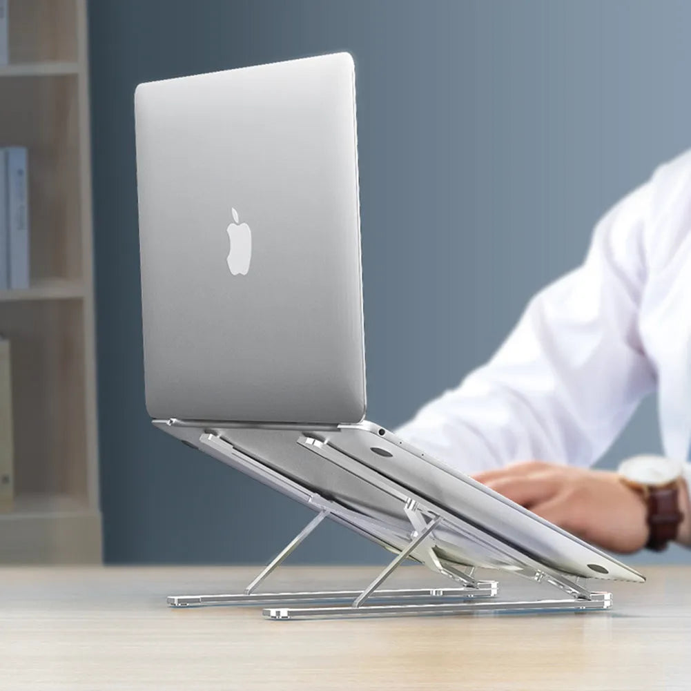 Aluminium alloy laptop stand in folded and extended positions, shown in silver colour.