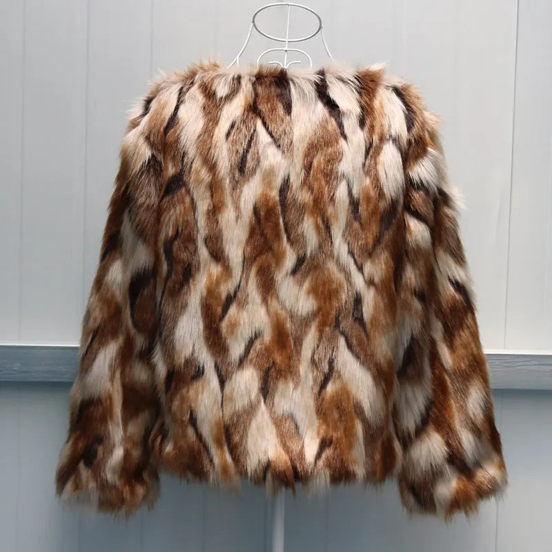 Korean slim-fitting women's faux fur coat in picture colour, shown with regular sleeves.