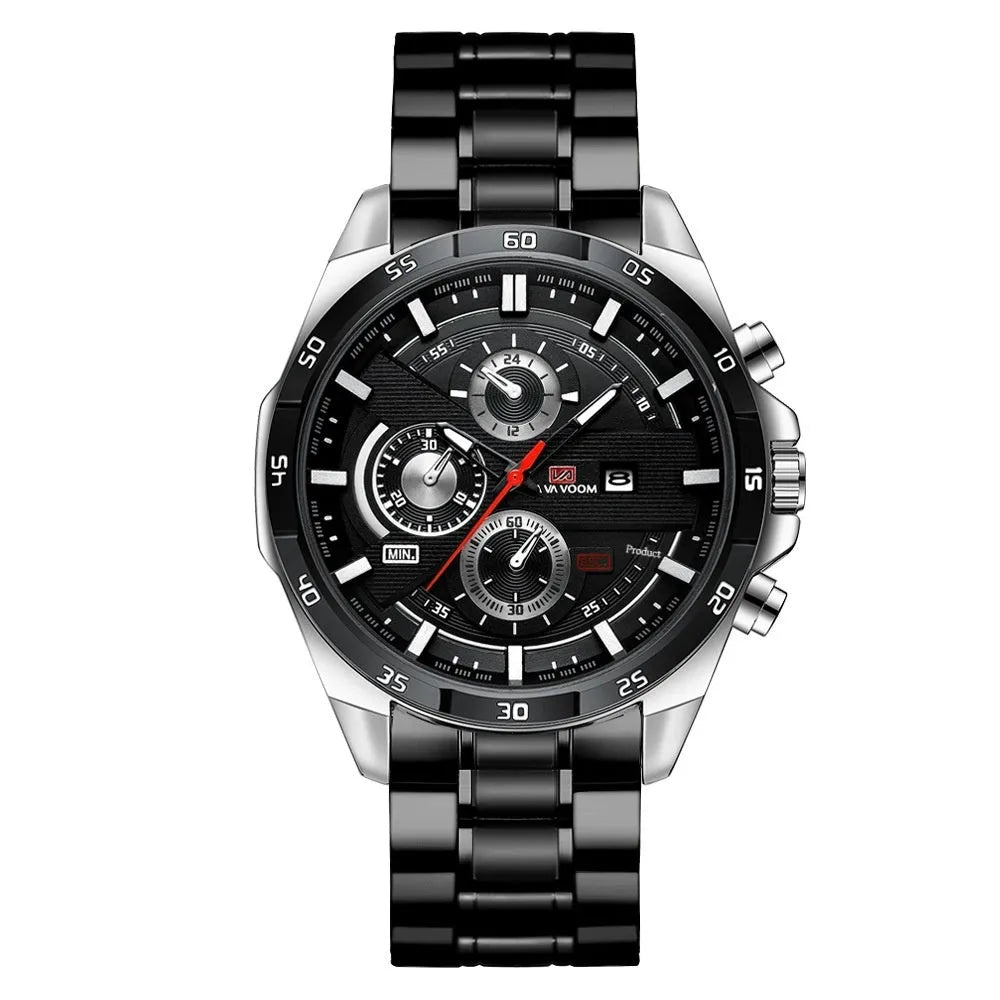 Men's casual quartz watch with calendar display and black belt rose gold finish