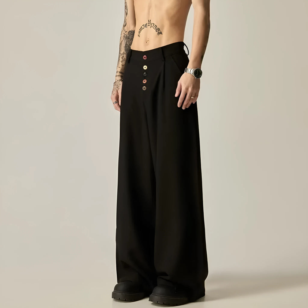 Men's solid colour straight-leg trousers in cotton-polyester blend fabric shown in black and brown colours