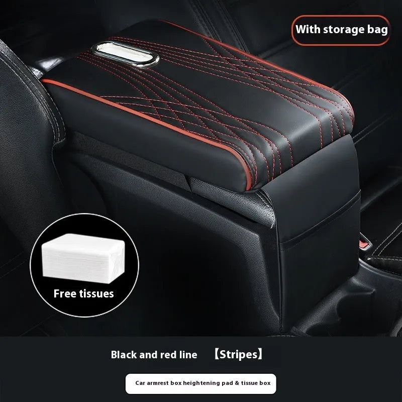 Black leather car armrest cover with angel pattern tissue pocket placed on a vehicle center console