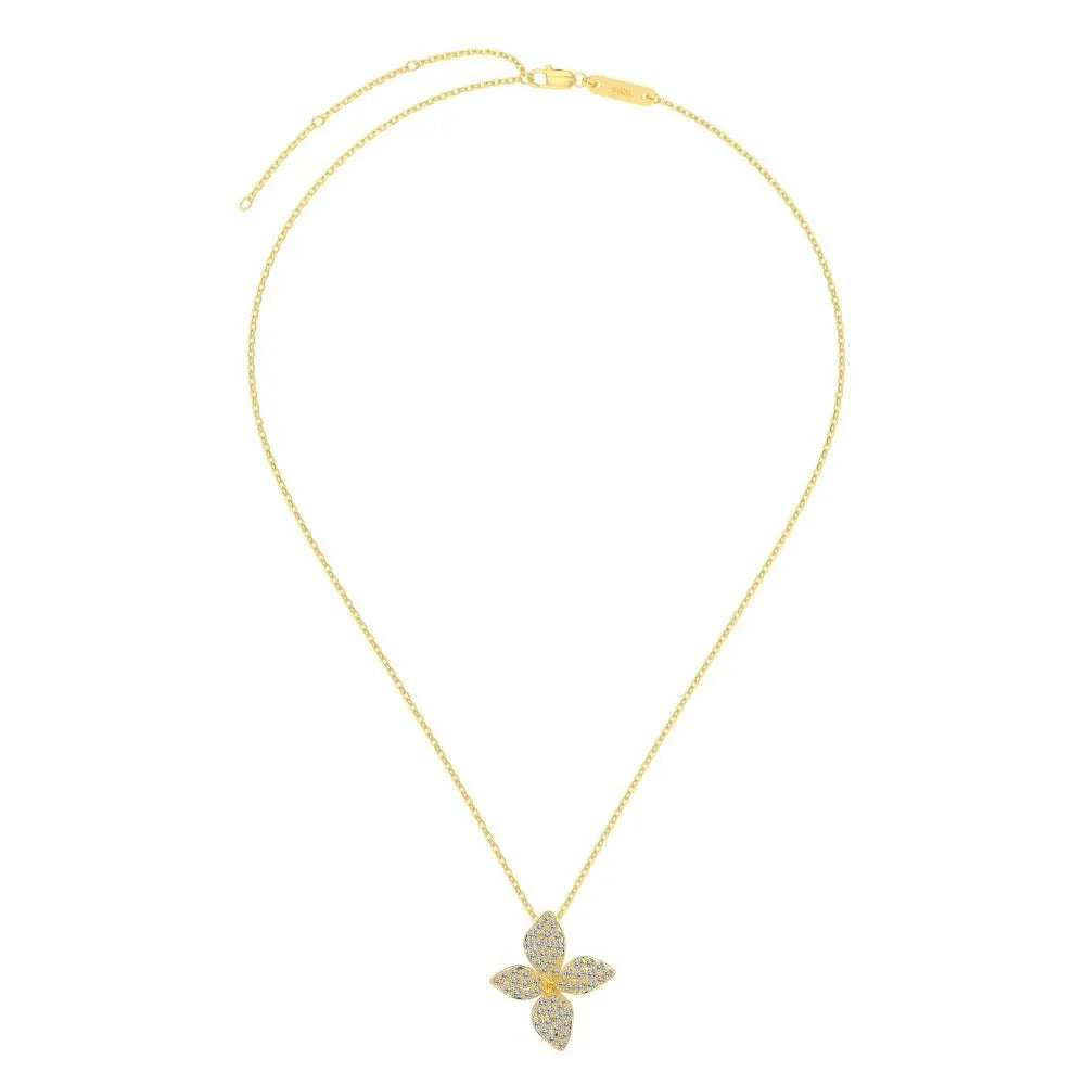 925 silver flower design open ring, necklace, and earring suite with white zircon inlay on a white background