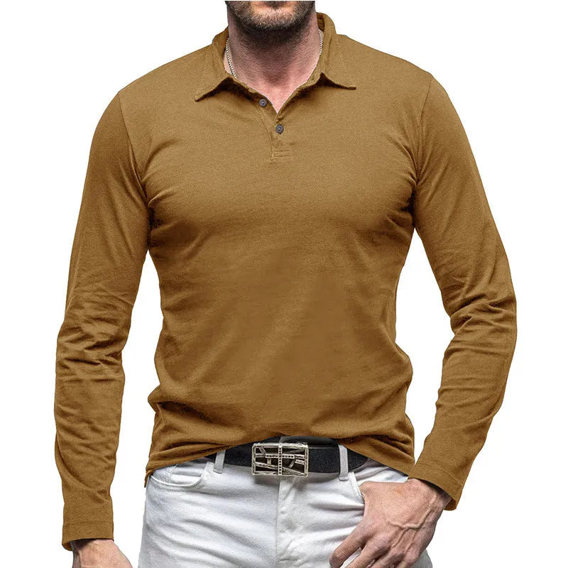 Men's dark grey polo collar long sleeve cotton T-shirt in American retro style laid flat