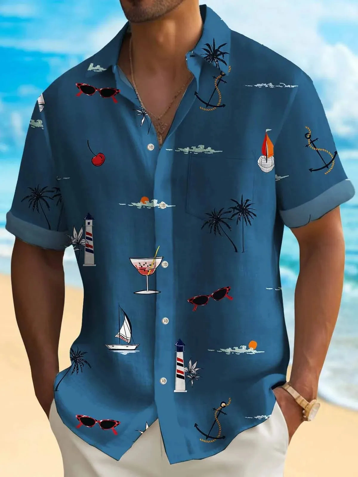 Men's loose-fit digital print Hawaiian shirt in polyester on a hanger.