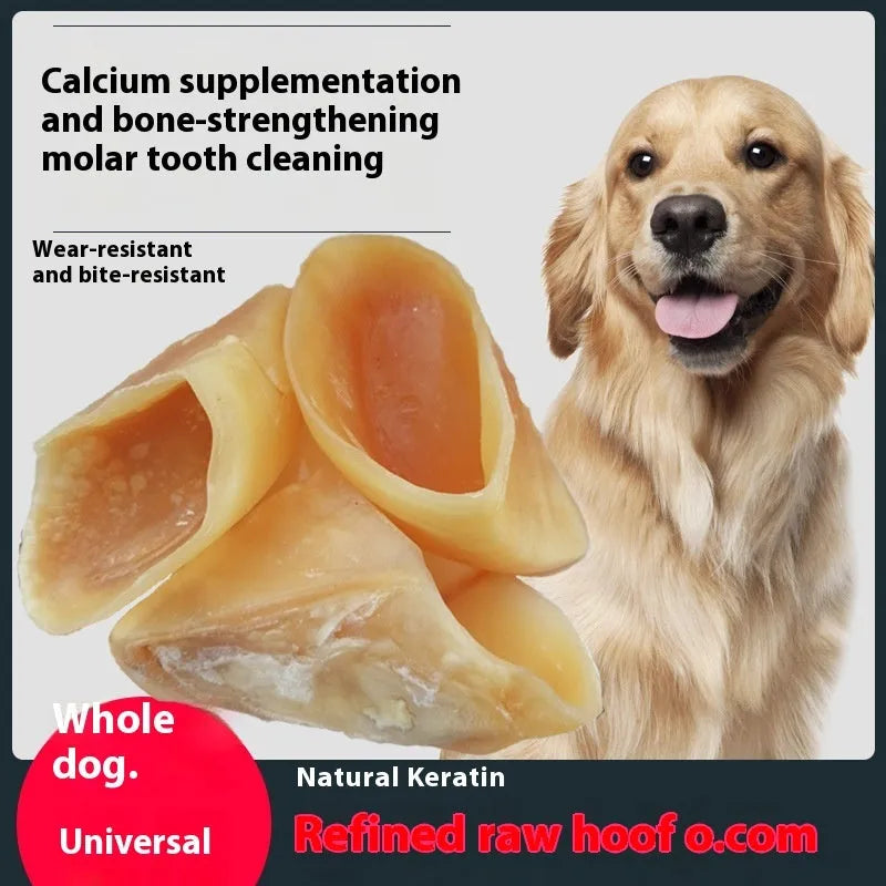 Natural cowhide dog chew rods in hoof shell colour, shown in two sizes for small and medium-large dogs