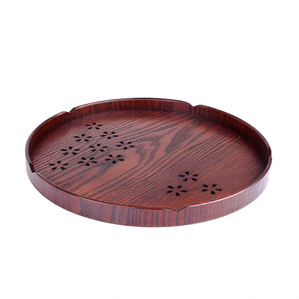 Wooden dessert plate with hollow cherry blossom design, 30 cm diameter, shallow profile