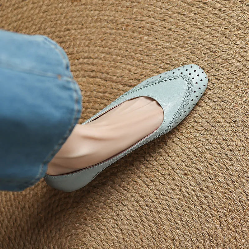 Women's hollow-out mid heel sandals in goat leather with beef tendon sole