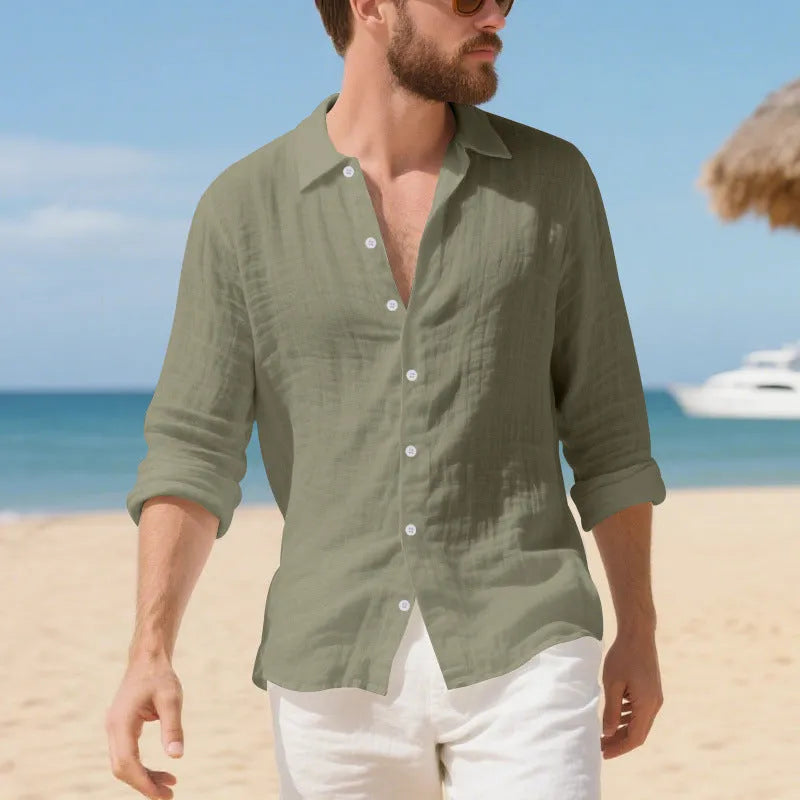 Men's loose fit linen casual shirt in light blue colour, showing non-ironing style.