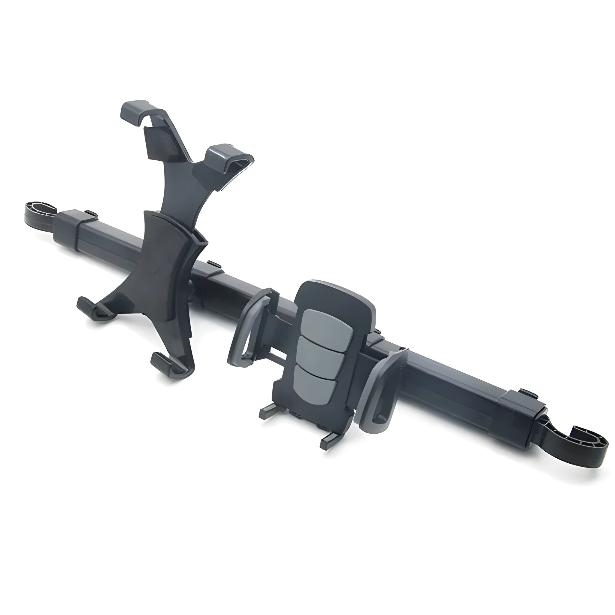 Black universal tablet PC car back seat bracket holding a tablet, with 360-degree rotation feature visible