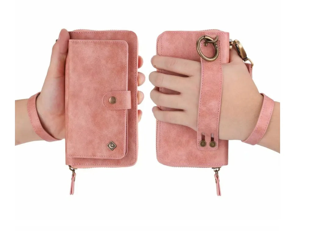 Black imitation leather multi-function wallet phone case for Samsung Galaxy Note8 with zipper closure.