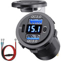 Blue modified dual QC car phone charger PD30 with digital display and attached wire