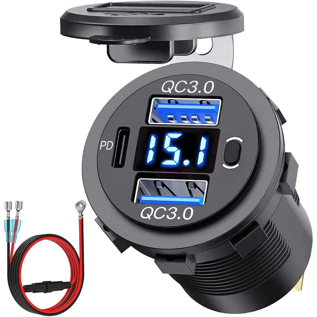 Blue modified dual QC car phone charger PD30 with digital display and attached wire