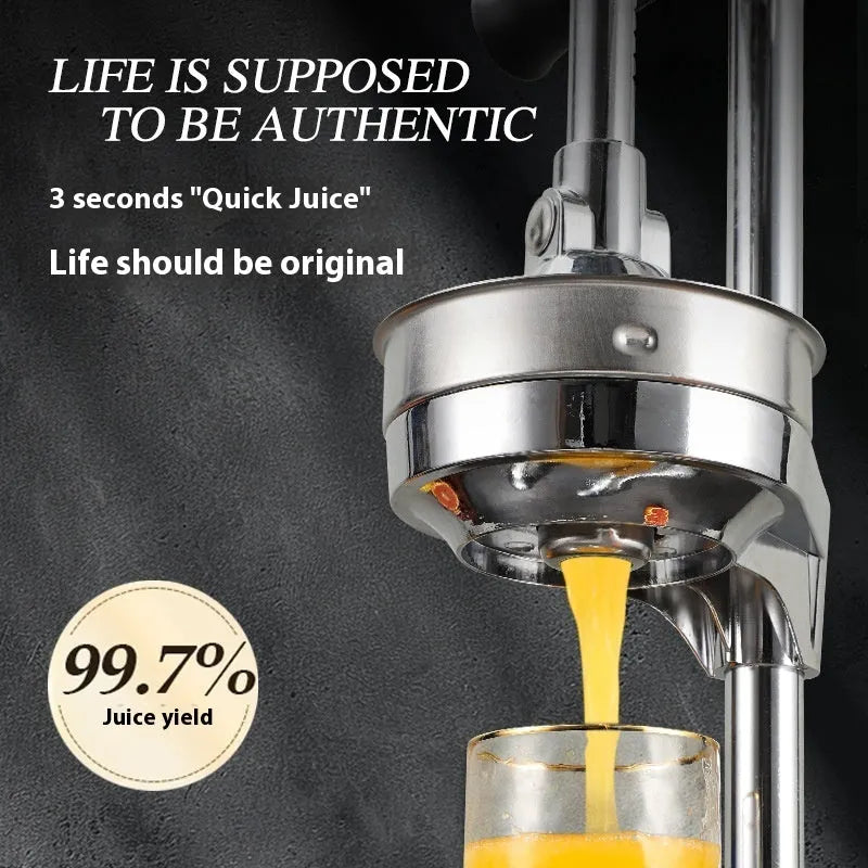 Vertical stainless steel manual citrus juicer shown in various colour and head style options.