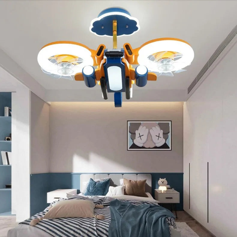 Modern ceiling fan with light, showing metal blades and a white acrylic lampshade, remote control beside it.