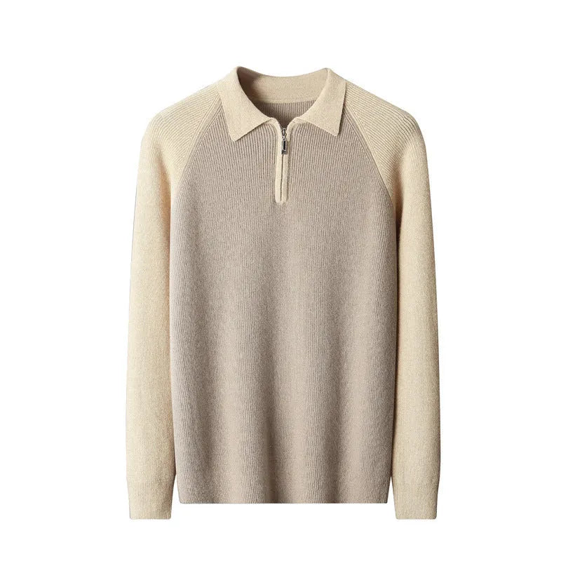 Men's wool half zipper contrast color lapel sweater in wheat camel colored slim fit winter pullover