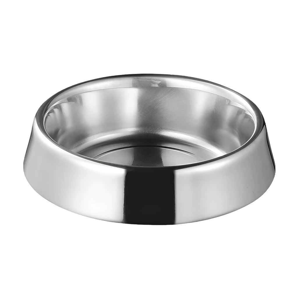 Thick stainless steel pet bowl with non-slip base, anti-fall rim, and bite-resistant construction