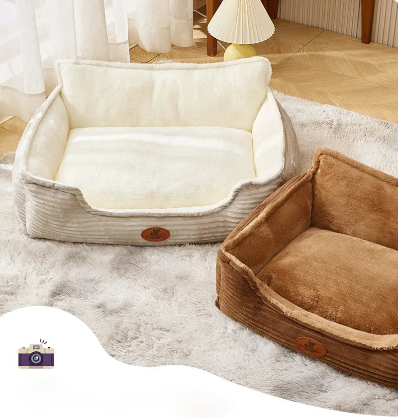 Removable cover pet bed in sofa style for small and medium dogs, shown in coffee colour