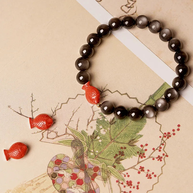 Natural obsidian round bead bracelet with cinnabar details in three size options