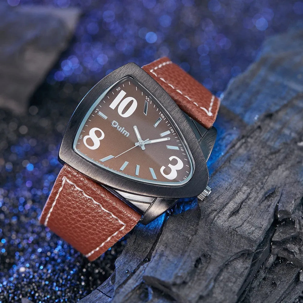 Men's triangular case quartz watch in black, shown on wrist, highlighting its geometric design and slim profile.