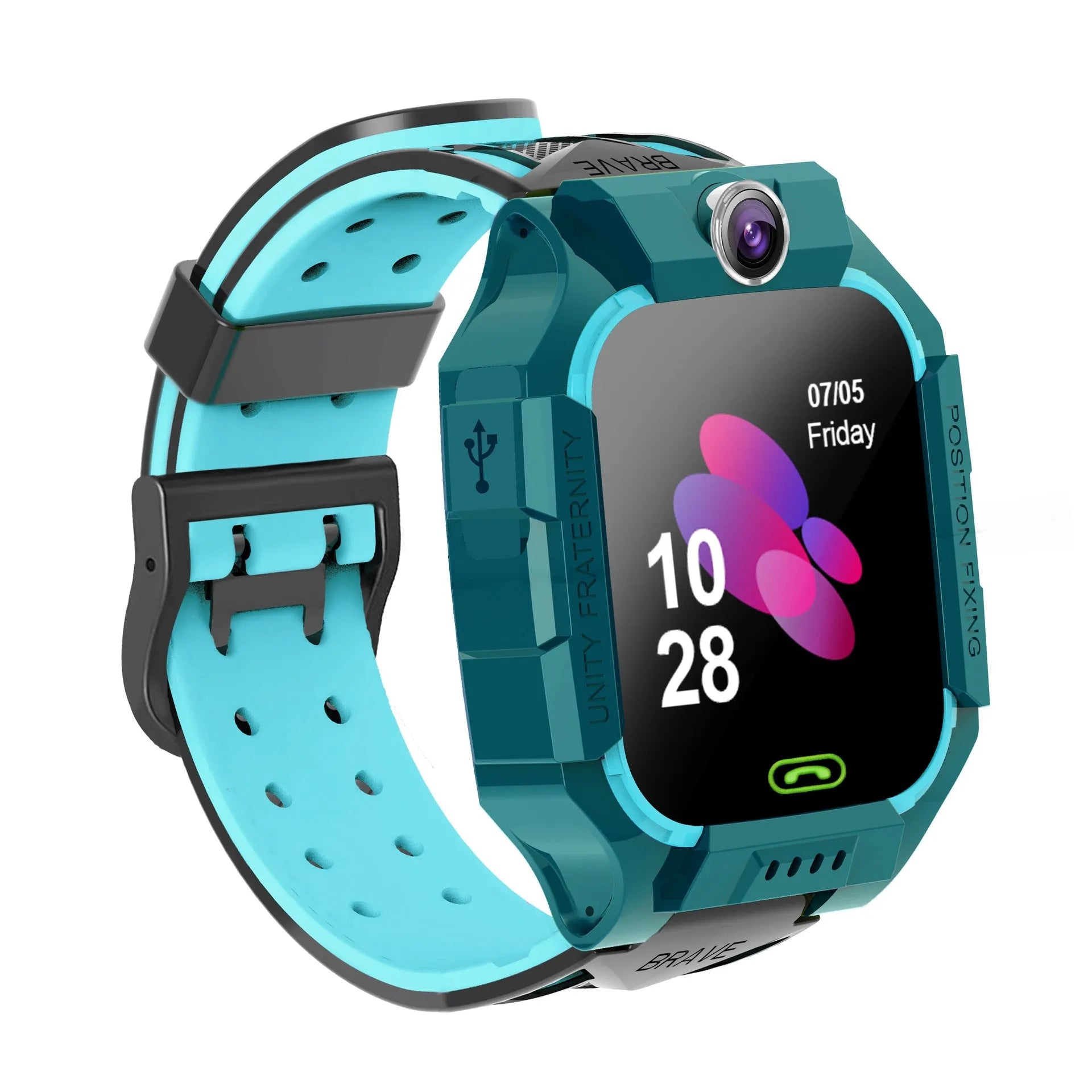 Student smart watch with touchscreen display and silicone wrist strap in pink, blue, or red colours
