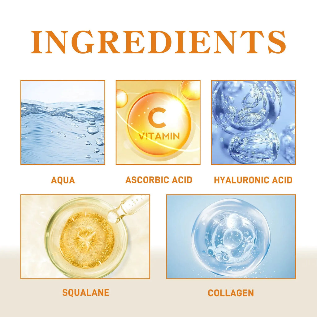Squalane face serum in a clear PET bottle with ingredients including vitamin C, hyaluronic acid, and collagen