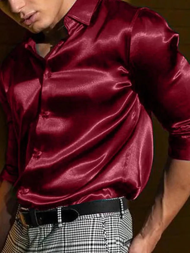 Men's shiny surface lapel long sleeve solid colour shirt in black, slim fit polyester