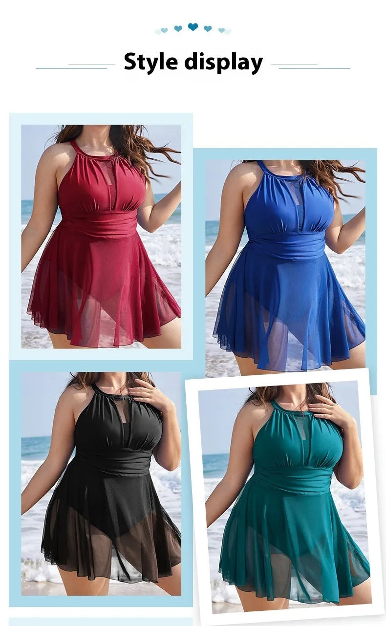 Black and red women's lace one-piece swimsuit on a mannequin, showing round neck and sizing up to 5XL.
