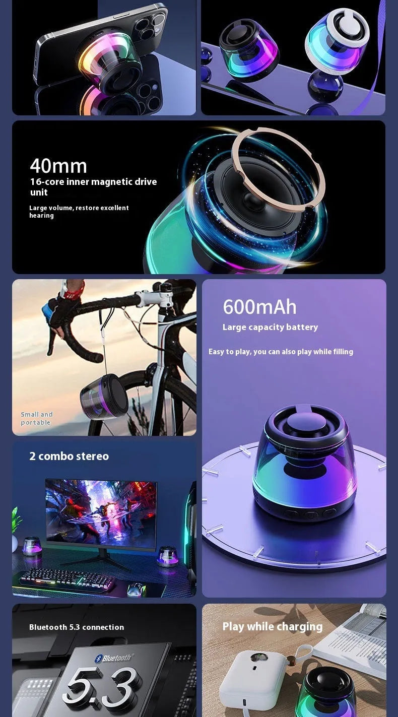 Small black or white portable Bluetooth speaker with magnetic base and card slot
