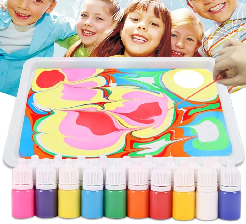 Children's floating painting educational toy kit with gouache pigments, painting liquid, drawing papers and stirring rods
