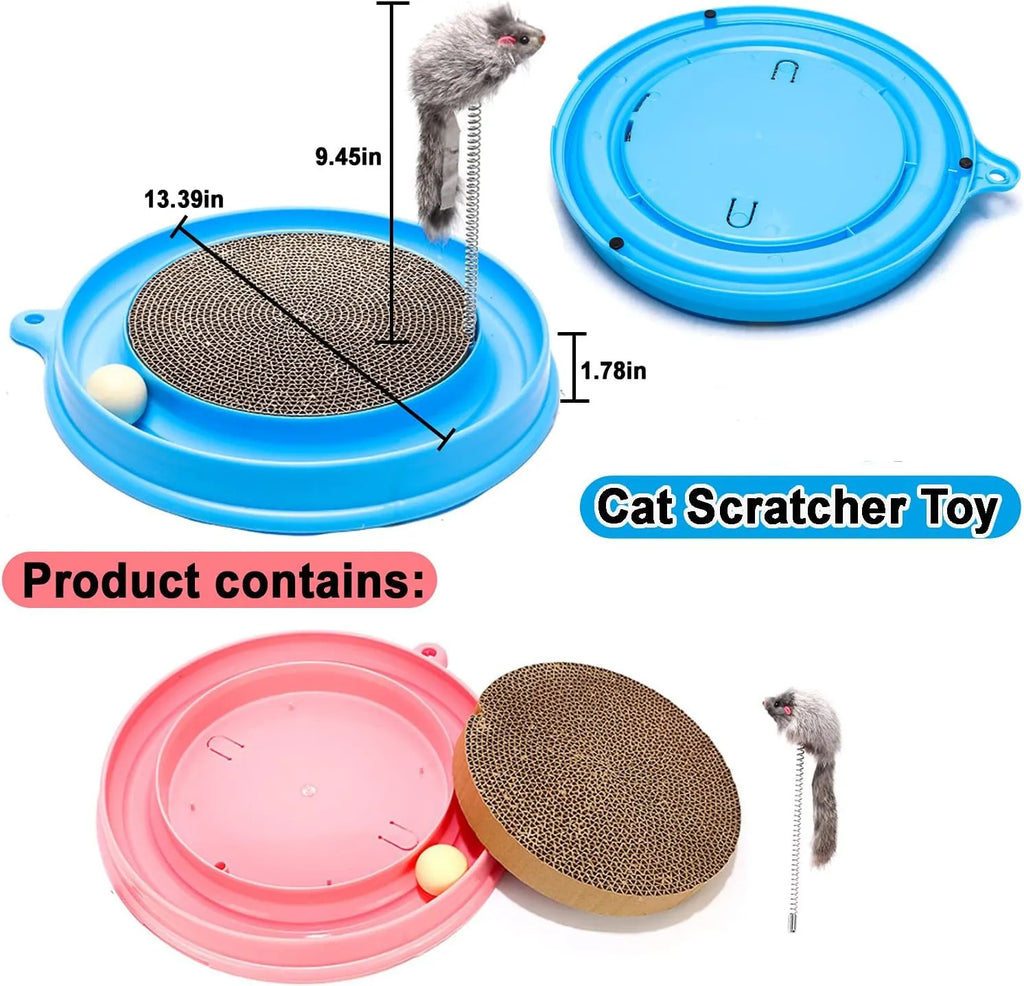 Blue interactive cat scratcher with ball track and replaceable corrugated cardboard scratching pad
