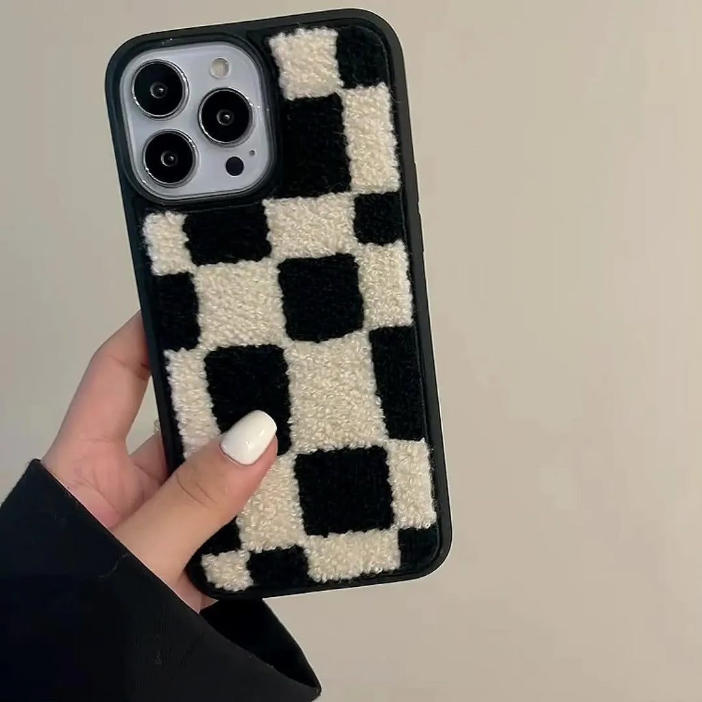 Black and white lattice silicone back cover for Apple iPhone models, including iPhone 14 and iPhone 13