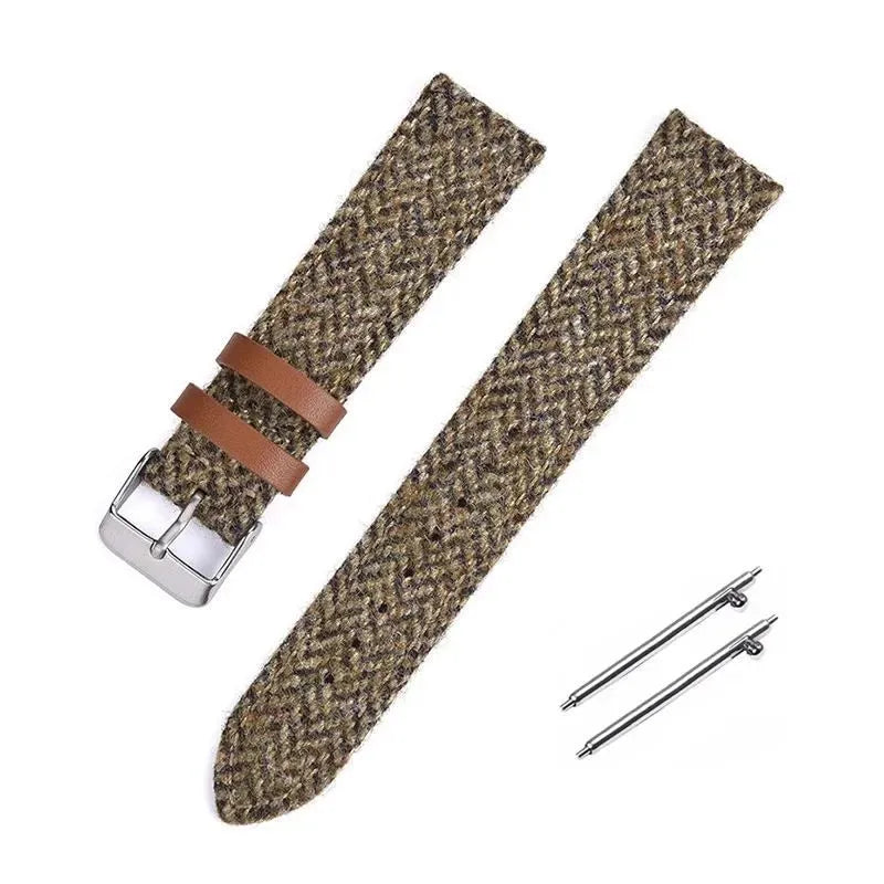 Harris woolen fabric watch strap in khaki with leather lining and stainless steel buckle, 20mm width