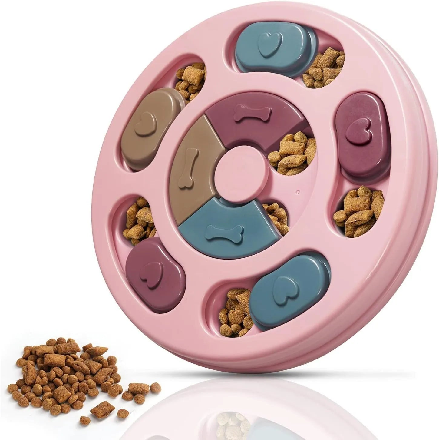 Blue dog puzzle toy slow feeder with sliding parts on floor