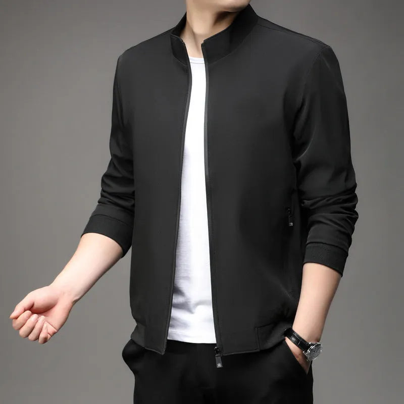 Korean style loose lapel casual jacket in black, lightweight polyester blend construction with zipper closure
