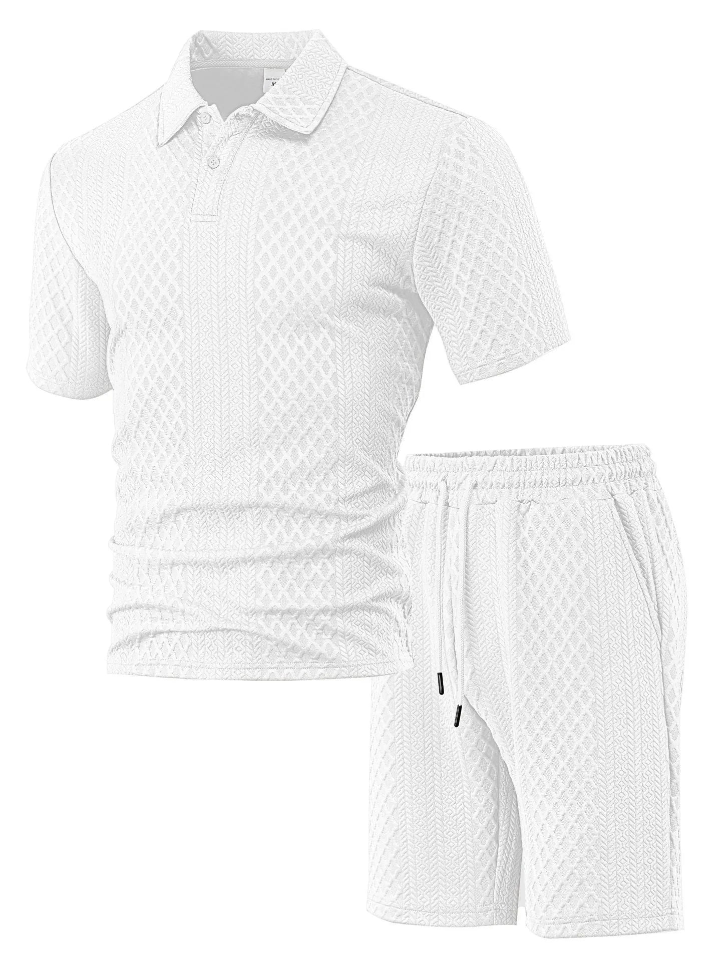 Men's pattern cloth casual short sleeve polo suit set with matching top and trousers in multiple colours
