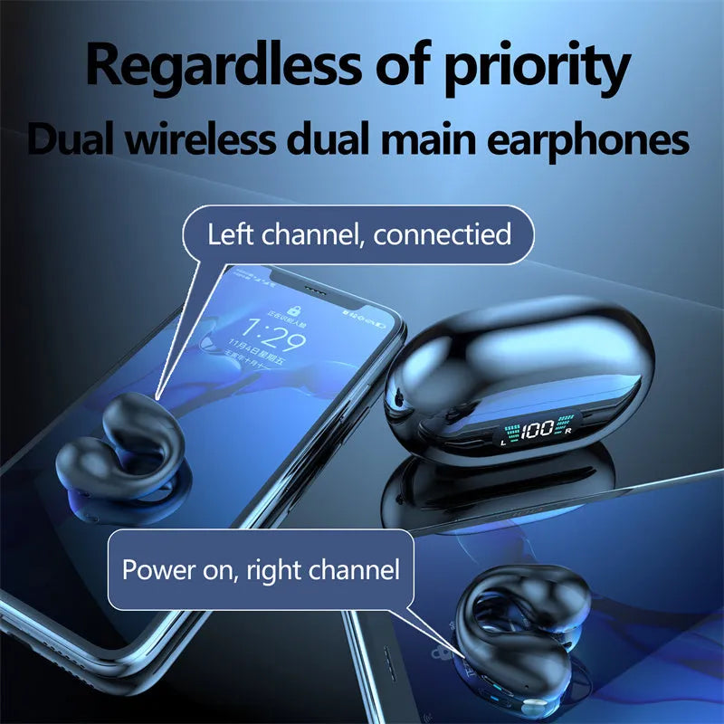 Bone conduction headphones ear clip TWS earbuds Bluetooth 5.3 touch control black colour