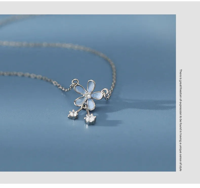 S999 pure silver flower pendant necklace with white nano anti-oxidation finish on cross chain