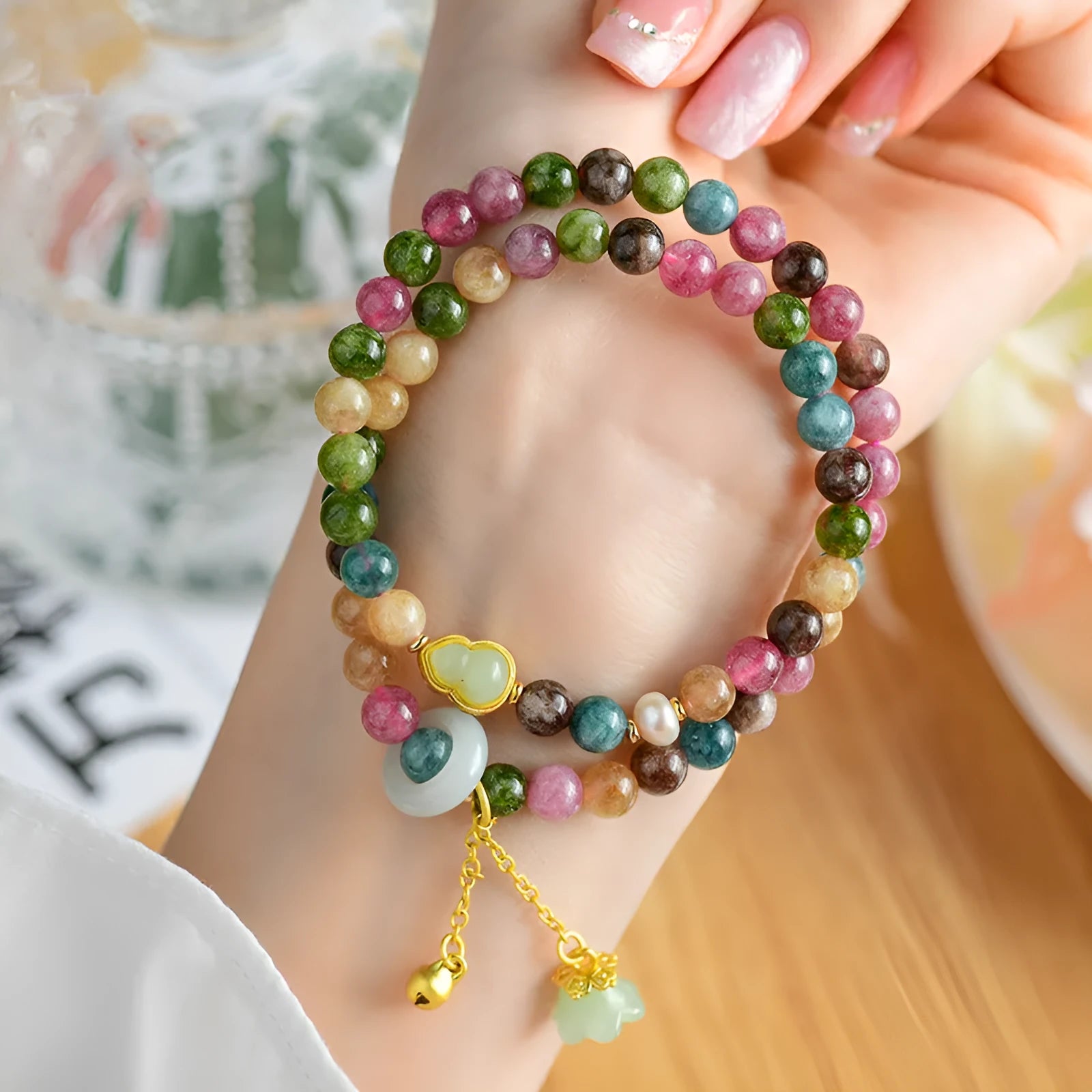 Women's double circle bracelet with natural chalcedony beads in 6.5mm diameter