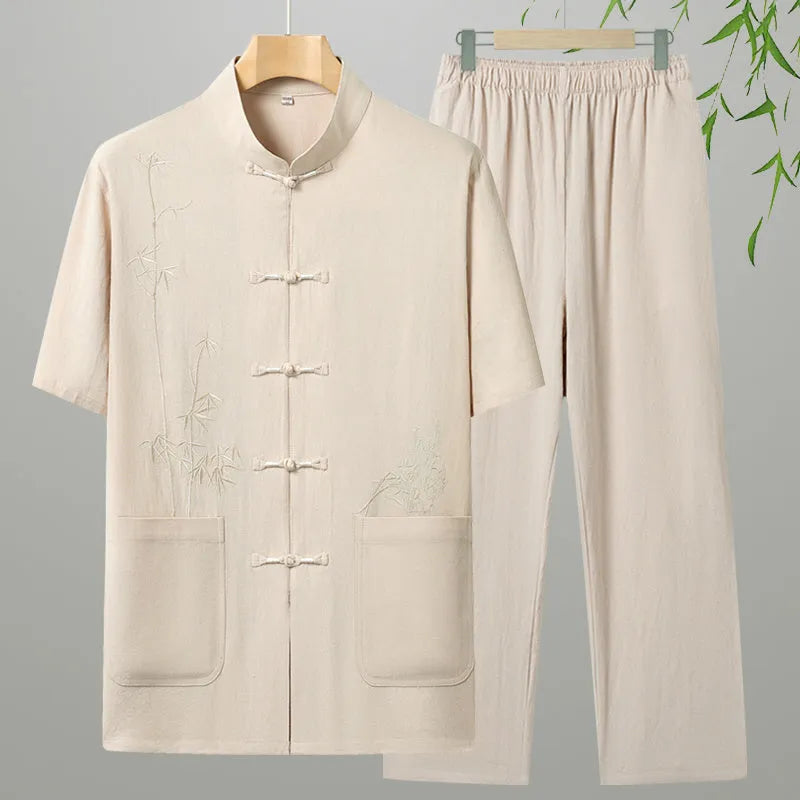 Cotton short-sleeved leisure suit for older men in multiple colour options with two-piece construction