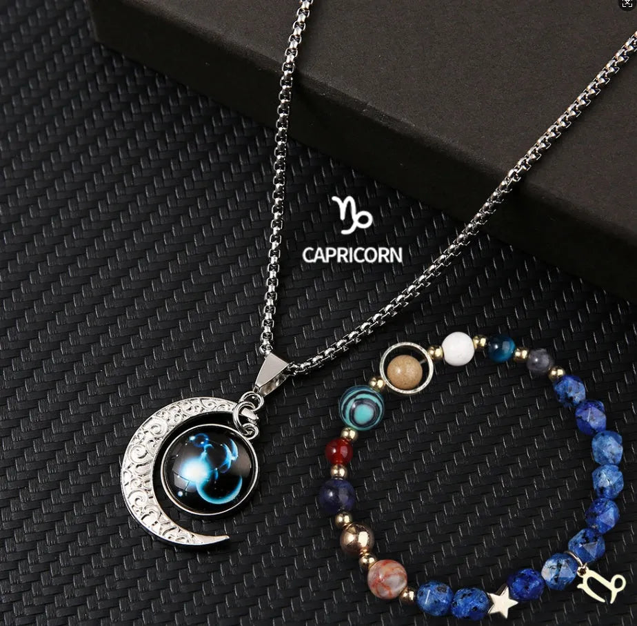 Natural stone zodiac necklace and bracelet set for all 12 star signs