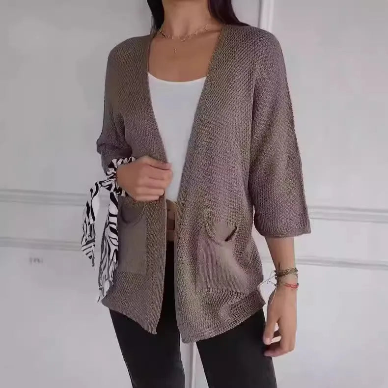 Women's waffle-textured cardigan coat with nine-quarter sleeves in army green colour