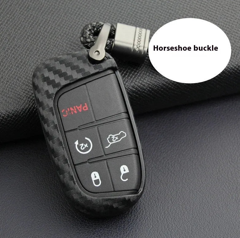 Black carbon fibre silicone key case for Dodge Chrysler Fiat car remote keys, shown in bag and buckle styles.