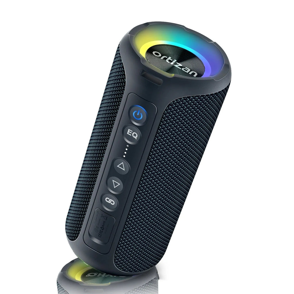 Black and blue fabric wireless Bluetooth speaker with lighting elements and card slot