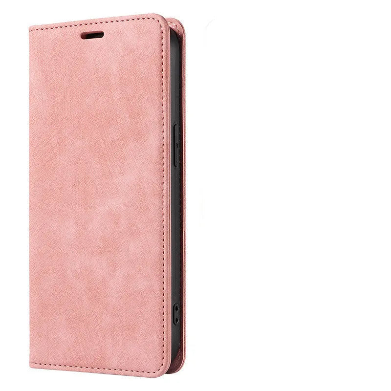 Magnetic flip leather phone case for iPhone in assorted solid colours, showing closed and open views.