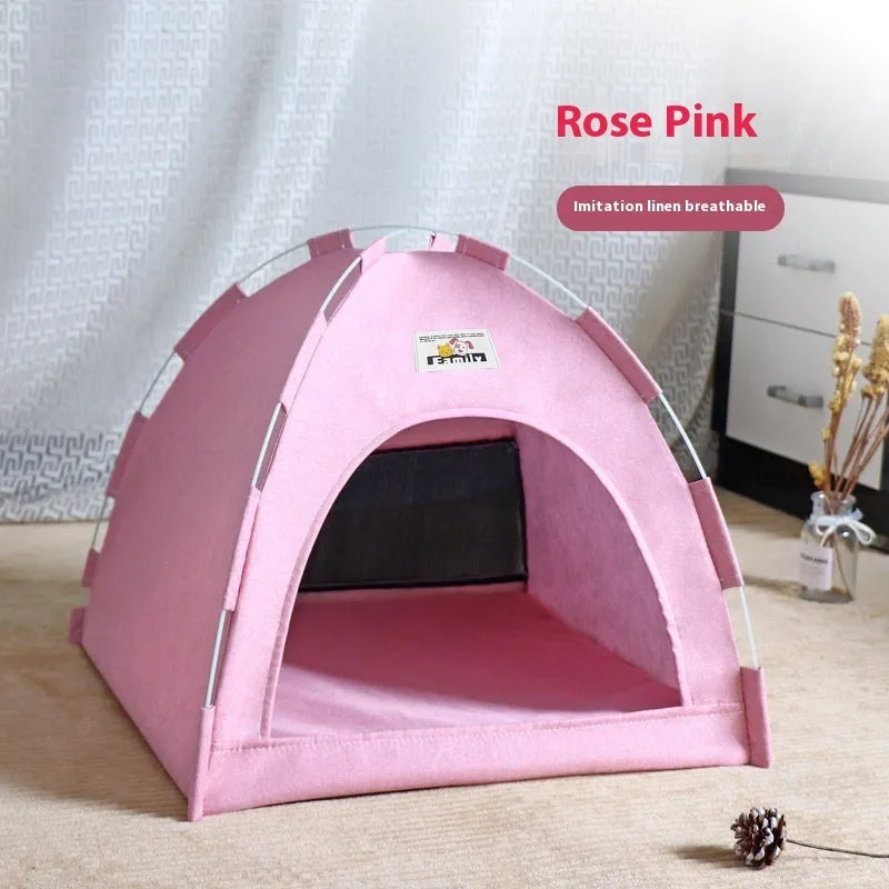 Grey tent-style dog bed with removable cover for small and medium breeds.